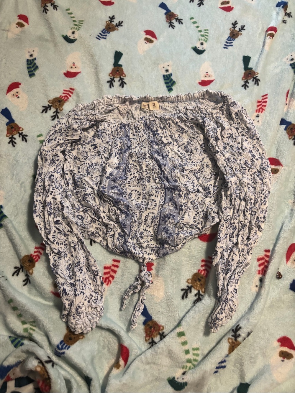 Blue and White Paisley Off-Shoulder Tie-Front crop top